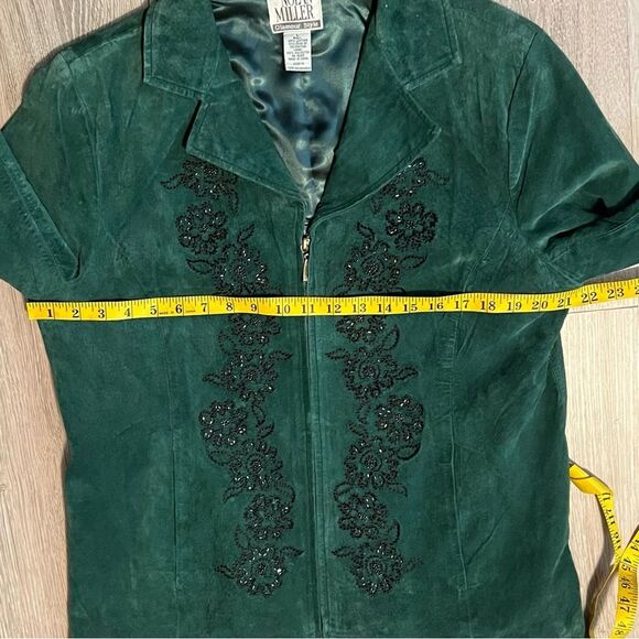 Vintage Suede Leather Green Beaded Black Blazer Single Breast Retro Rockabilly - Picture 9 of 12
